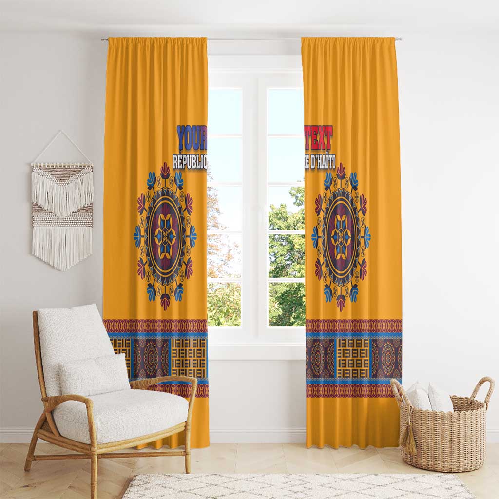 Yellow dashiki window curtain pair with printed circular emblem and geometric stripe