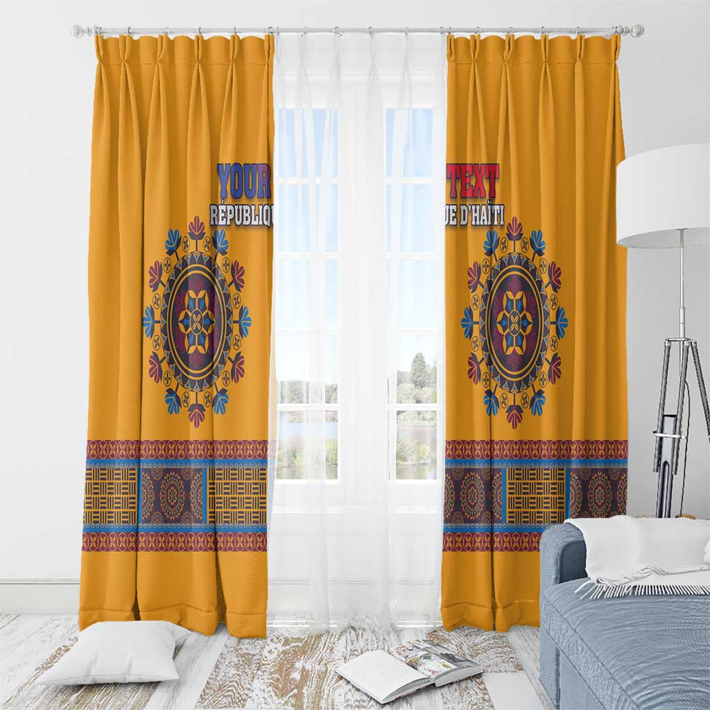 Yellow dashiki window curtains with top hooks, blue emblem, and colorful trim