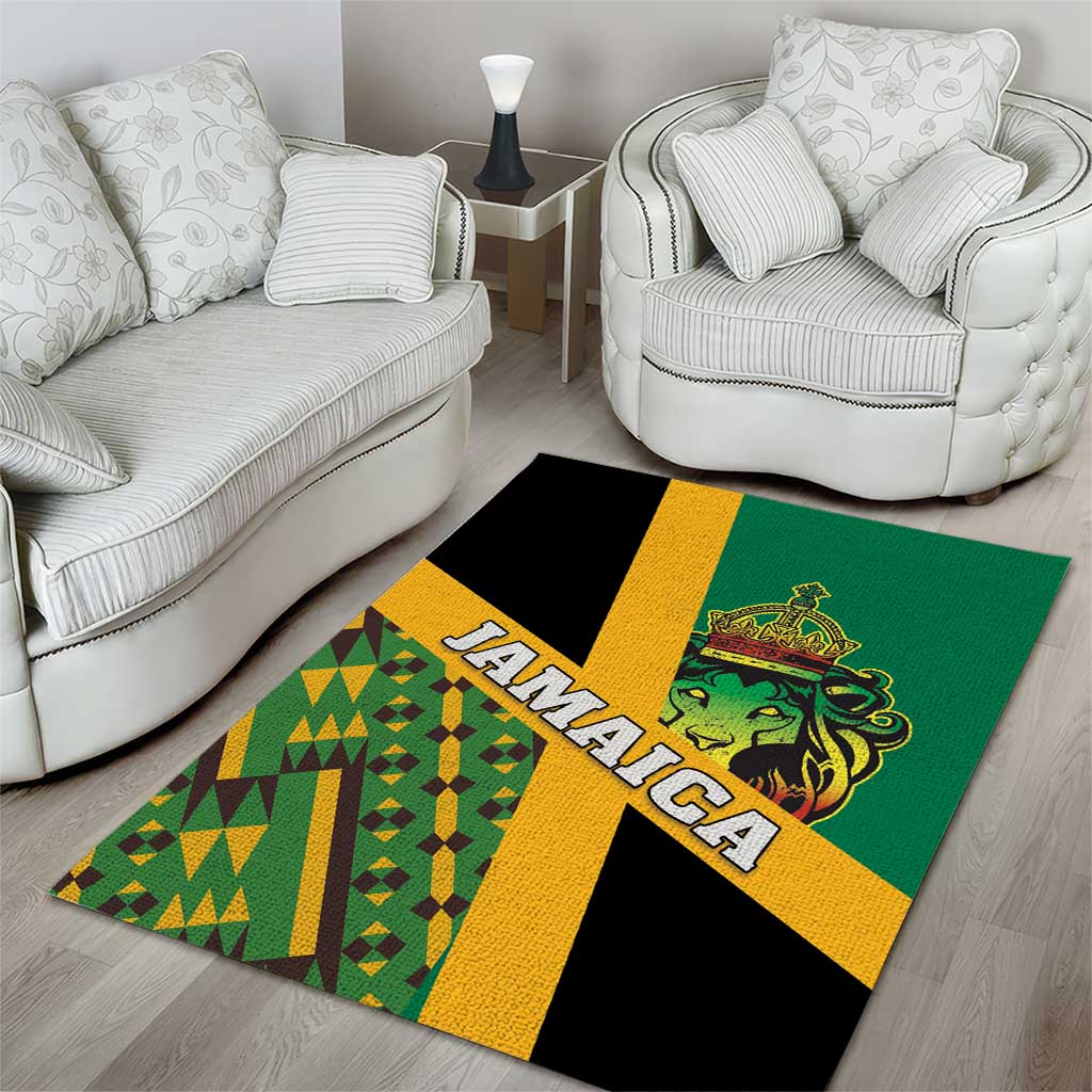 Green area rug with JAMAICA text, lion crest, and black yellow stripe with geometric pattern