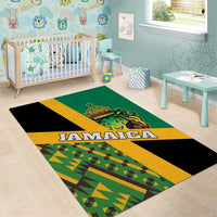 Green area rug with lion crest, JAMAICA lettering, and Kente-style geometric bands