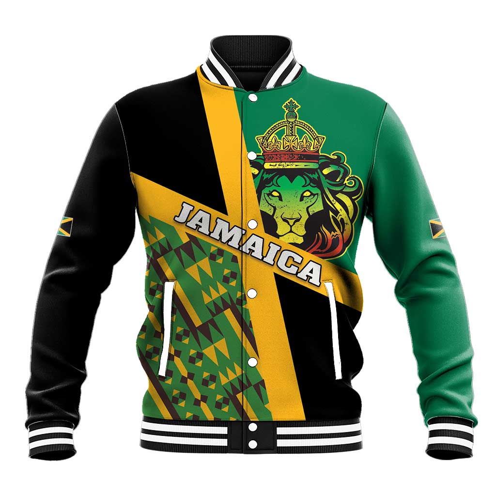 Unisex green black baseball jacket with lion crest and yellow Kente geometric panels