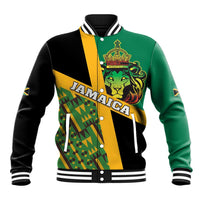 Unisex green black baseball jacket with lion crest and yellow Kente geometric panels