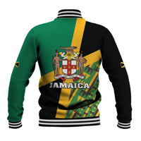 Unisex green black baseball jacket with Jamaica back print, striped ribbed collar and cuffs