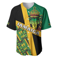 Green baseball jersey with lion crest, Jamaica text, and button front, kente pattern
