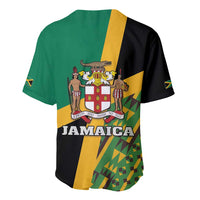 Green and black baseball jersey with Jamaican coat-of-arms back graphic and kente pattern