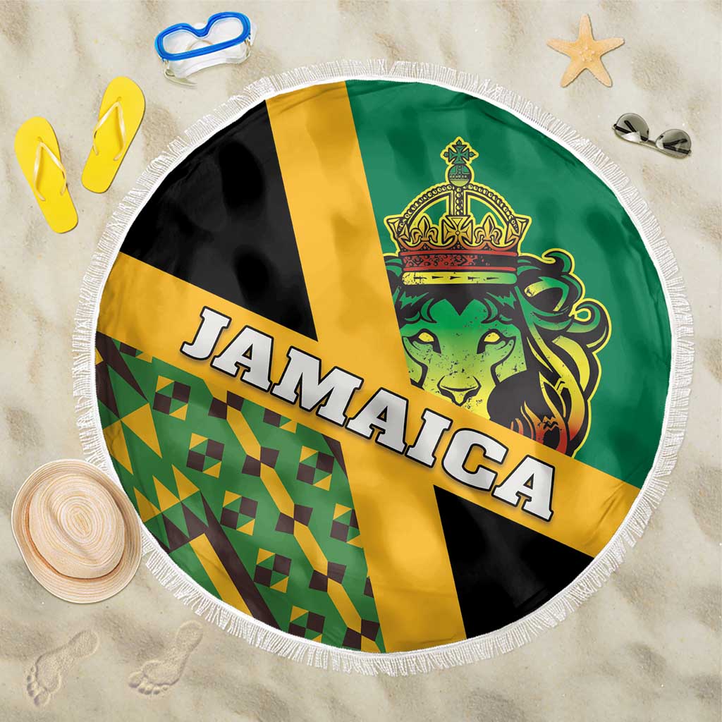 Round beach blanket with green, yellow, black Jamaica lion and Kente pattern fringe
