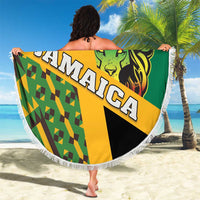 Beach blanket with large 'JAMAICA' lettering, green lion crown, yellow and black blocks