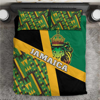 Green Jamaica bedding set with Kente geometric pattern, matching pillows and duvet