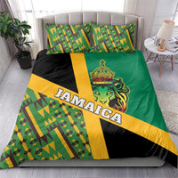 Green Jamaica bedding set with Kente geometric pattern, lion crest on duvet front