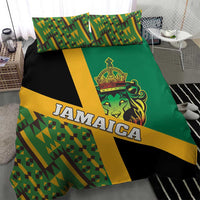 Green Jamaica bedding set with Kente pattern and lion crest graphic on duvet