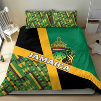 Green Jamaica bedding set with Kente geometric blocks, lion crest on duvet