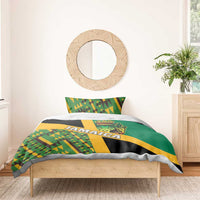 Green Jamaica bedding set with Kente diamond pattern and lion crest on duvet