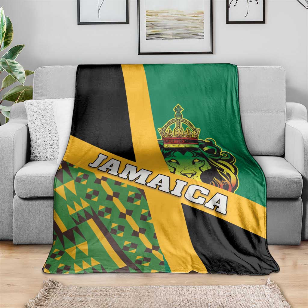 Jamaica lion Rastafarian blanket draped over sofa, Kente geometric corner in green