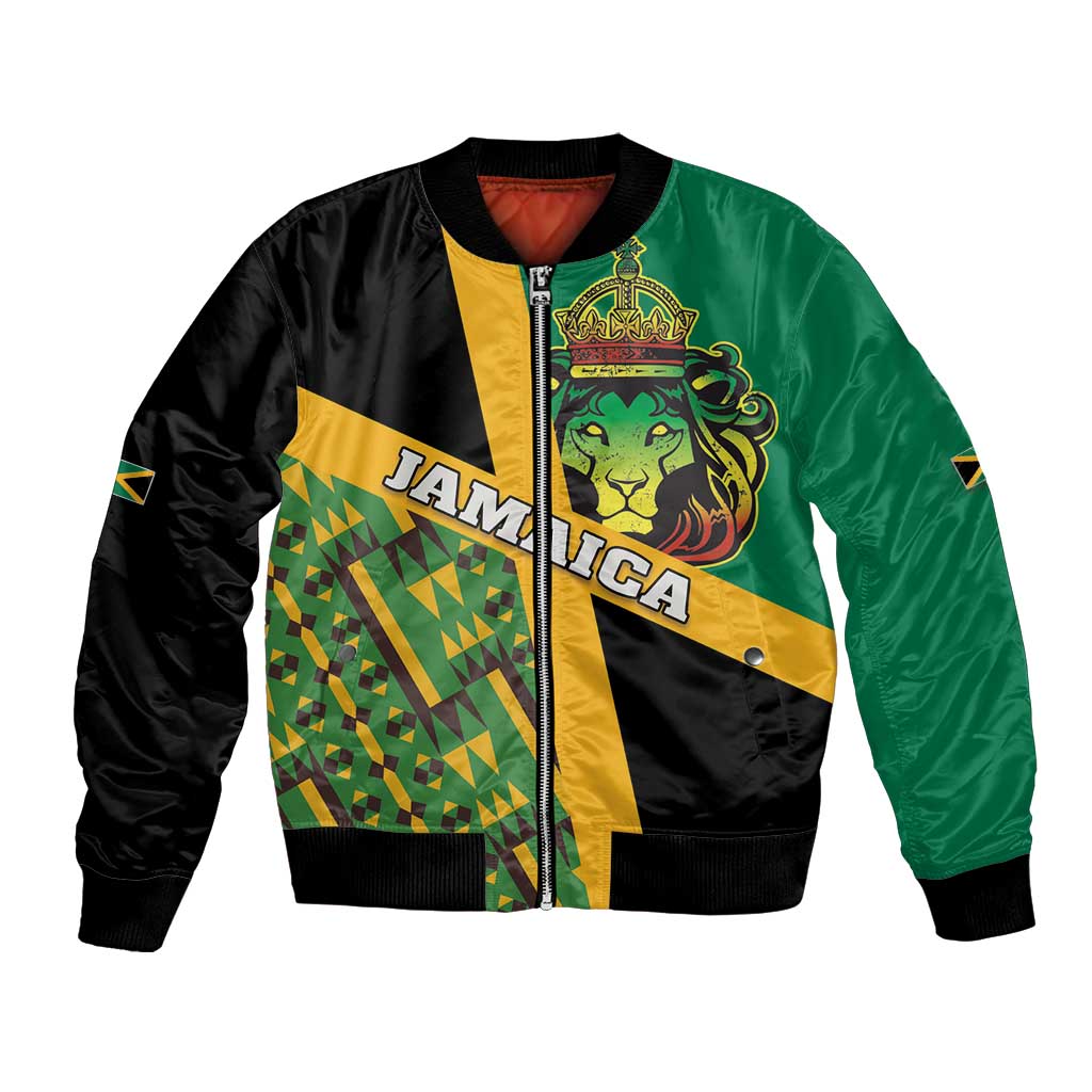 Green black bomber jacket with yellow Jamaica logo, lion graphic, and Kente-style panels