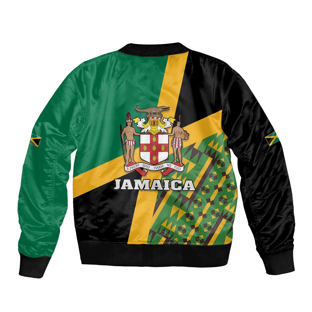 Green black bomber jacket with large Jamaica back graphic, crest, and Kente pattern