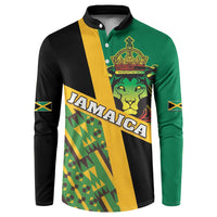 Men's button henley sweatshirt featuring Jamaica lion king graphic, green right sleeve, black left