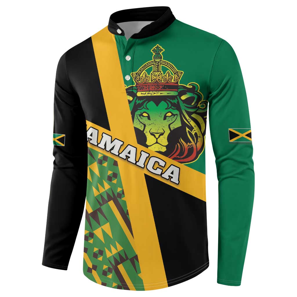 Men's button henley sweatshirt with Jamaica lion crest, green/yellow/black kente geometric panel