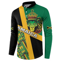 Men's button henley sweatshirt with Jamaica lion crest, green/yellow/black kente geometric panel