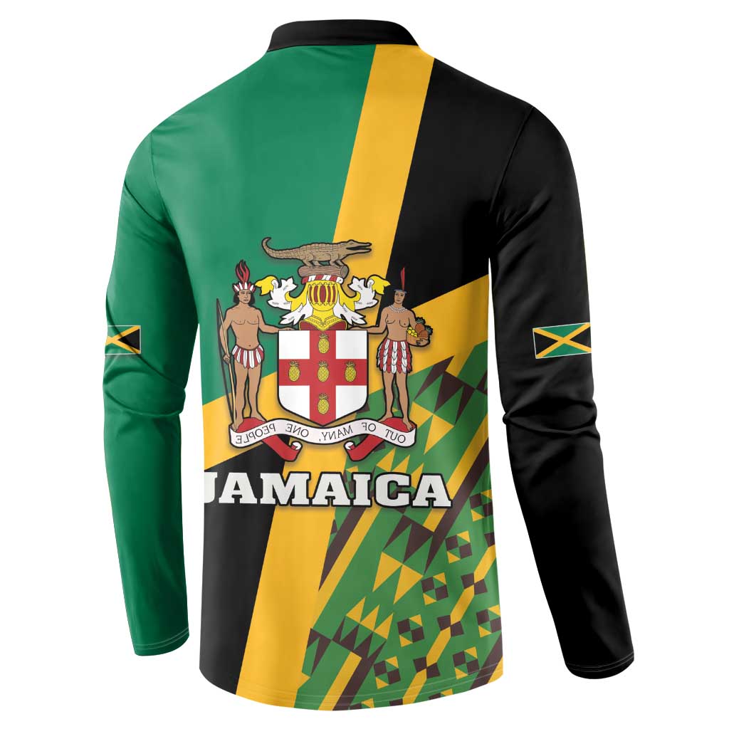 Men's button henley sweatshirt, back Jamaica lion crest, green/yellow/black kente color blocks