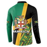 Men's button henley sweatshirt, back Jamaica lion crest, green/yellow/black kente color blocks