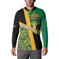 Men's button henley sweatshirt, front Jamaica lion head crest, green and black with kente