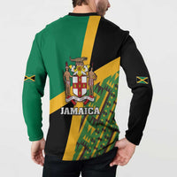 Men's button henley sweatshirt with Jamaica back crest, green/yellow/black blocks and sleeve flags