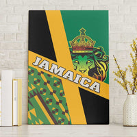 Framed canvas wall art with Jamaica lion, kente pattern, green yellow black geometric design