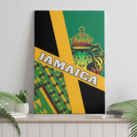 Canvas wall art with Jamaica lion face and kente pattern, green yellow black geometric