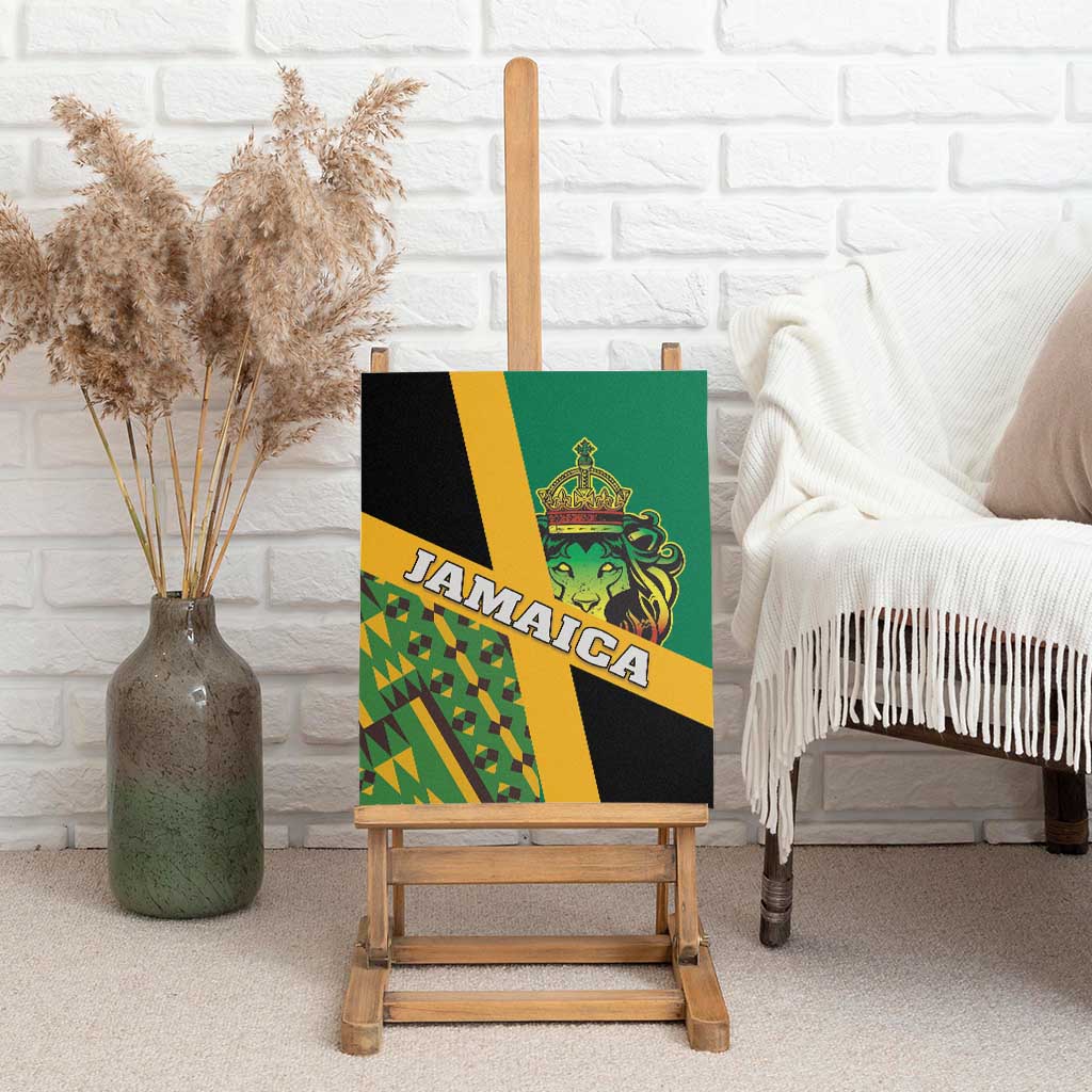 Canvas wall art with Jamaica lion face and kente pattern in green, yellow, black