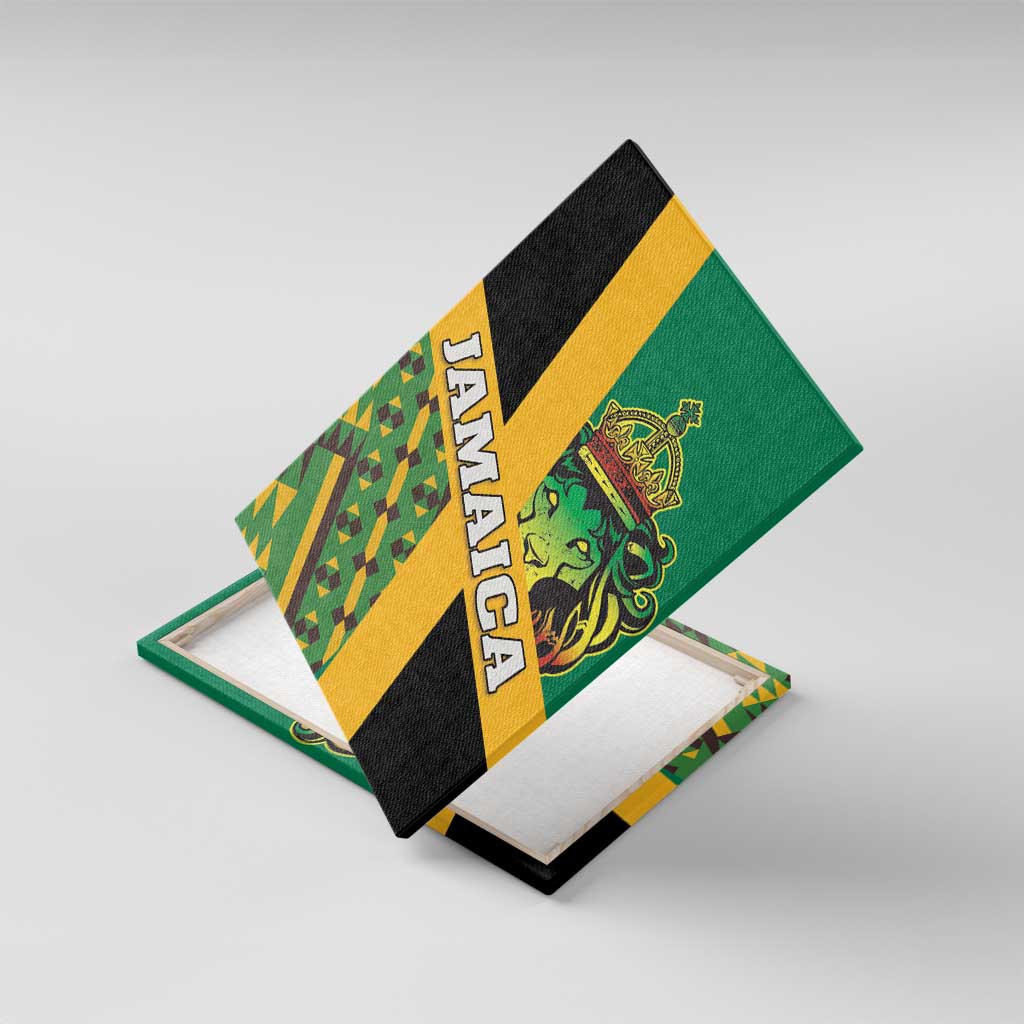 Stacked canvas prints showing Jamaica lion and kente pattern, green and yellow stripes
