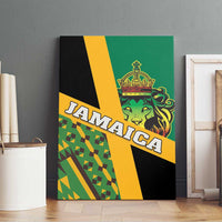 Framed canvas wall art featuring Jamaica lion emblem and kente pattern, green and black