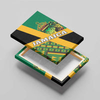 Unframed canvas wall art with Jamaica wordmark, lion crest, and kente pattern in green