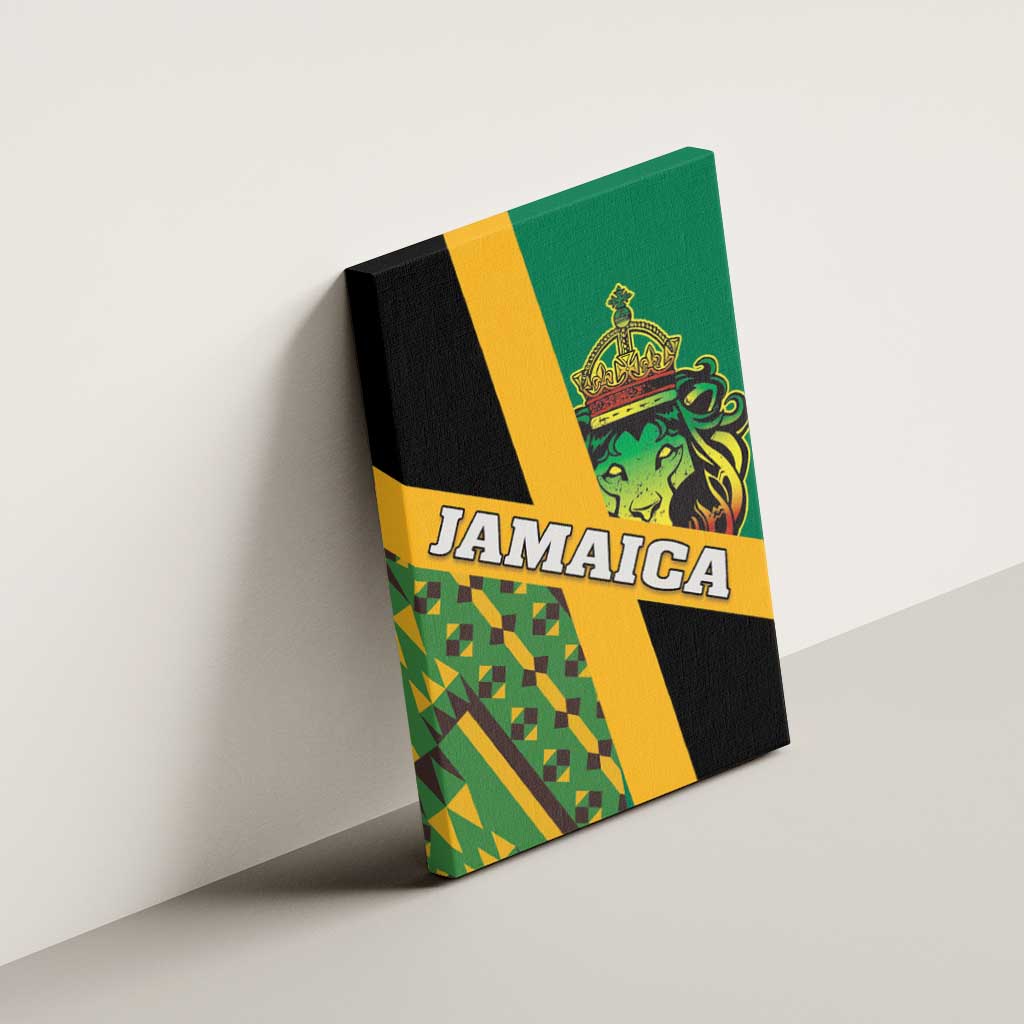Canvas wall art of Jamaica lion emblem with kente pattern, green panel and yellow bar