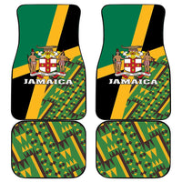 Set of four car floor mats in green with Jamaica crest and Kente triangle pattern
