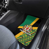 Front car floor mat, green Kente triangle design with Jamaica crest and yellow stripe