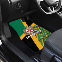 Front car floor mat with JAMAICA text, green-yellow Kente triangle and stripe pattern
