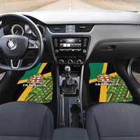 Set of four car floor mats, green Kente pattern with Jamaica crest for front and back seats