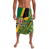 Green kente-style lavalava wrap skirt with Jamaica crest graphic panel
