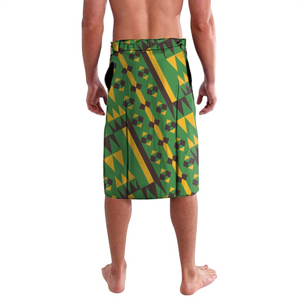 Green geometric kente-style lavalava wrap skirt with multicolor pattern