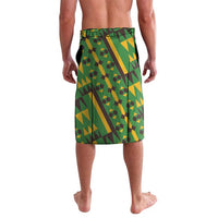 Green geometric kente-style lavalava wrap skirt with multicolor pattern
