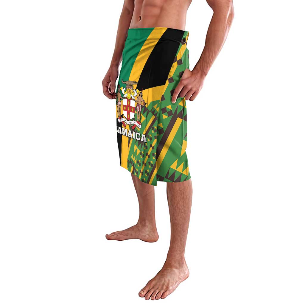 Green kente-style lavalava wrap skirt, side view with Jamaica crest