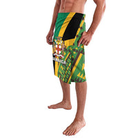 Green kente-style lavalava wrap skirt, side view with Jamaica crest