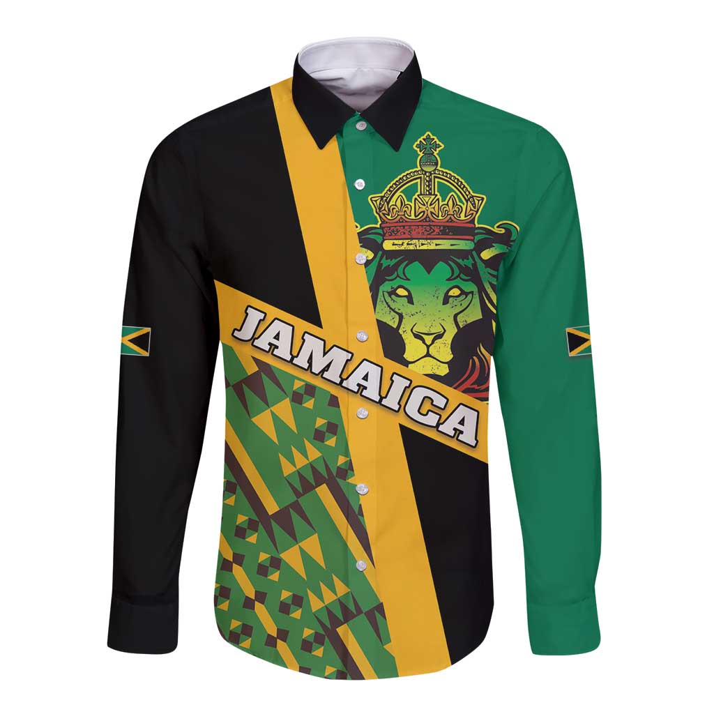 Rastafarian long-sleeve button shirt with green, black, yellow Kente graphic and lion front