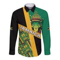 Rastafarian long-sleeve button shirt with green, black, yellow Kente graphic and lion front