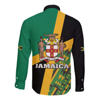 Rastafarian long-sleeve button shirt, back view, green and black with yellow Kente crest