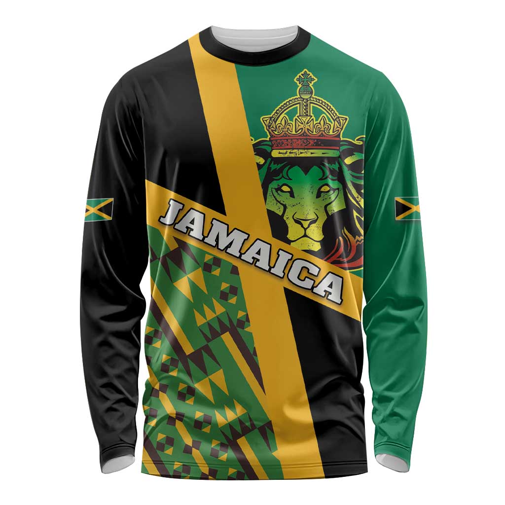 Unisex long sleeve shirt with green, black, and yellow lioncrest front graphic
