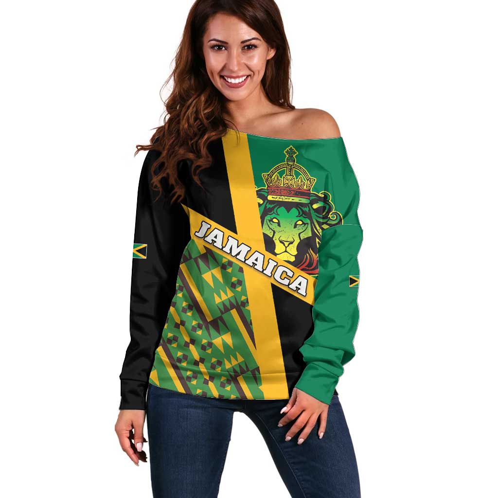 Jamaica Lion Rastafarian Off Shoulder Sweater With Kente Pattern - Wonder Print Shop