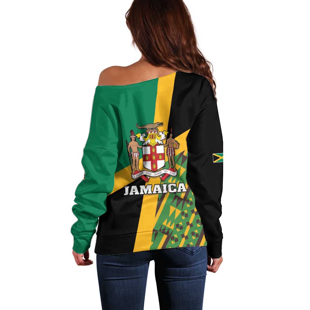 Green off-shoulder sweater with black back panel and Jamaica crest graphic