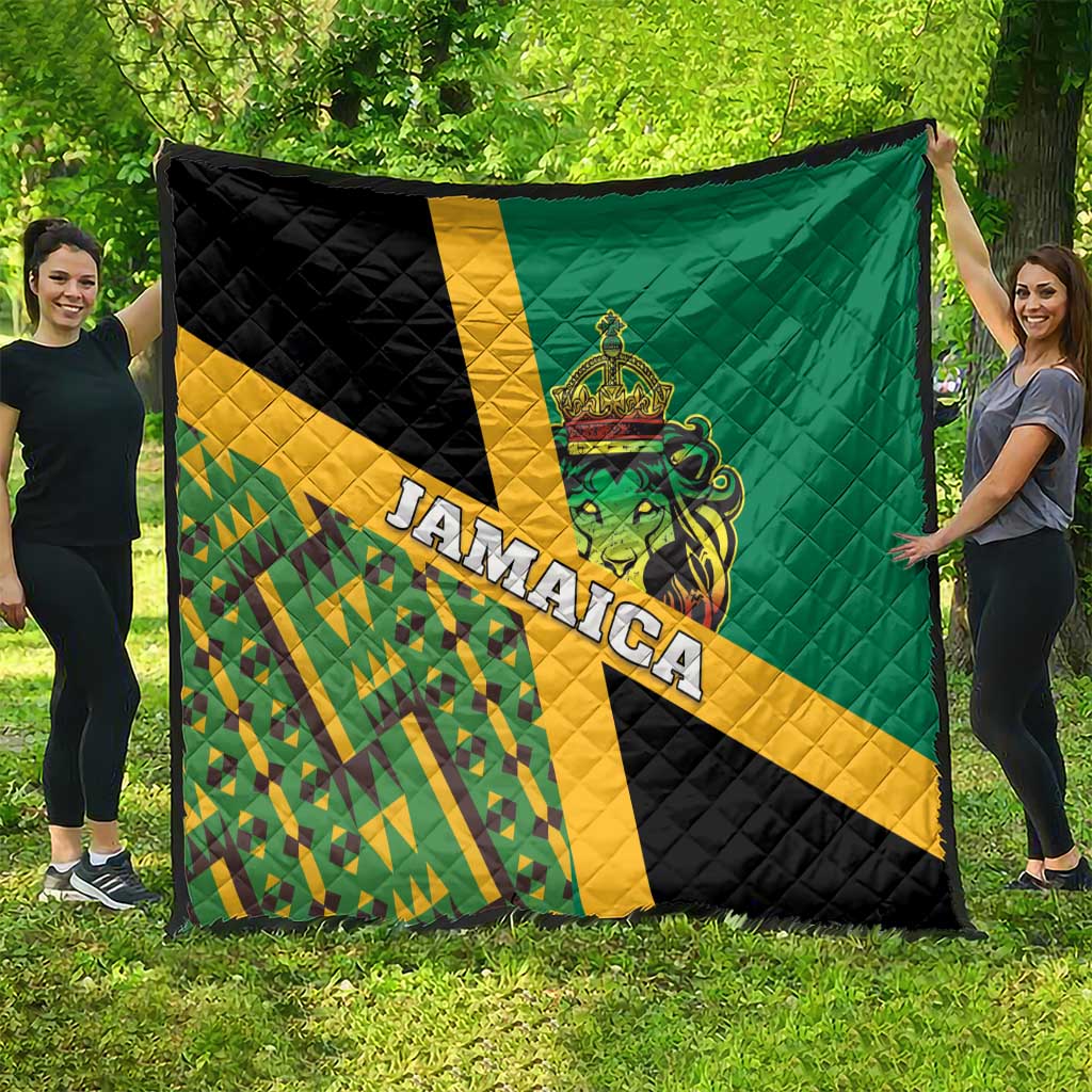 Green, yellow, and black Jamaica lion quilt with quilted diamond blocks and big Jamaica text