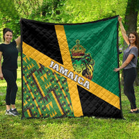Green, yellow, and black Jamaica lion quilt with quilted diamond blocks and big Jamaica text
